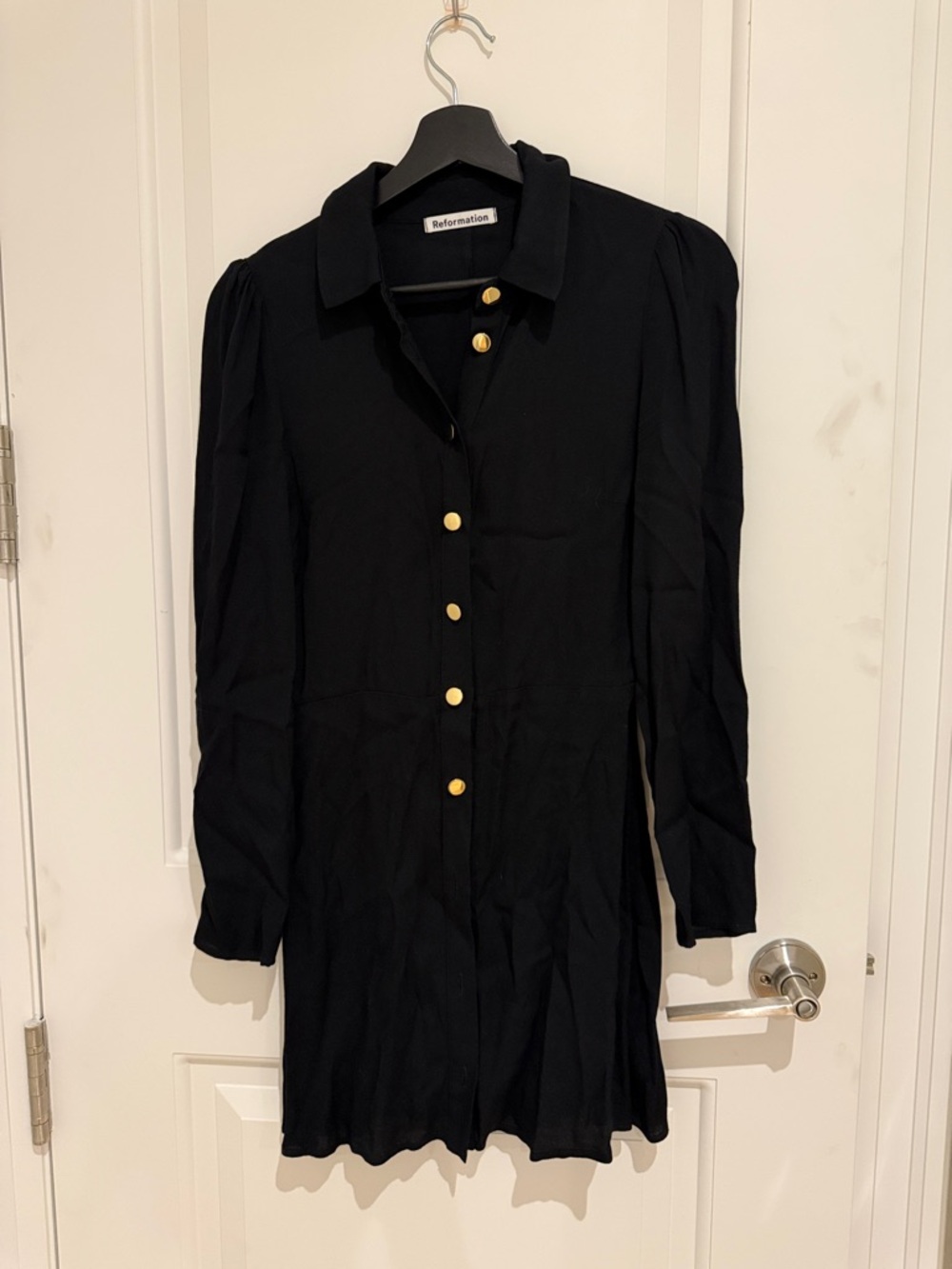 Reformation Black Collared Dress with Gold Buttons